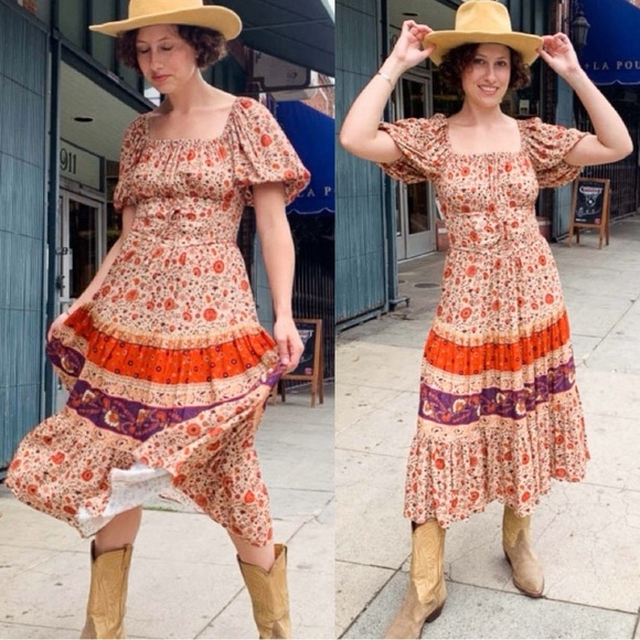 Spell & the Gypsy Lady Untamed Brown Floral Corset Front Puff Sleeve Midi Dress - Picture 1 of 9